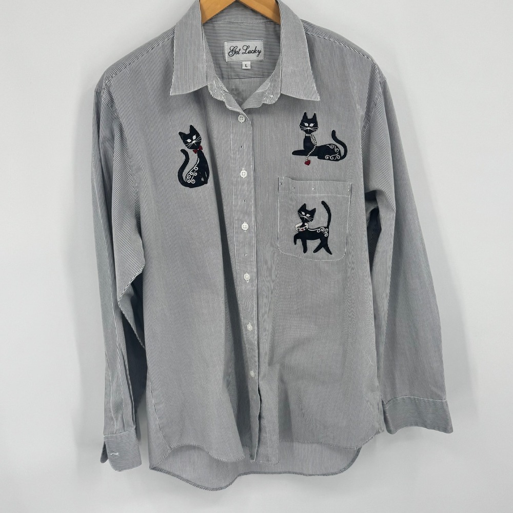 Get Lucky Women's Vintage Cat Shirt Gray White‎ Stripes Jeweled Accents Size L